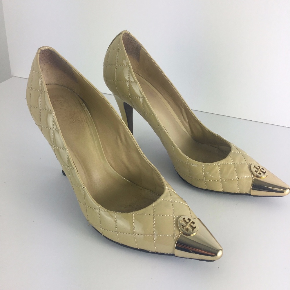 Tory Burch patent leather pumps gold trim quilt 10